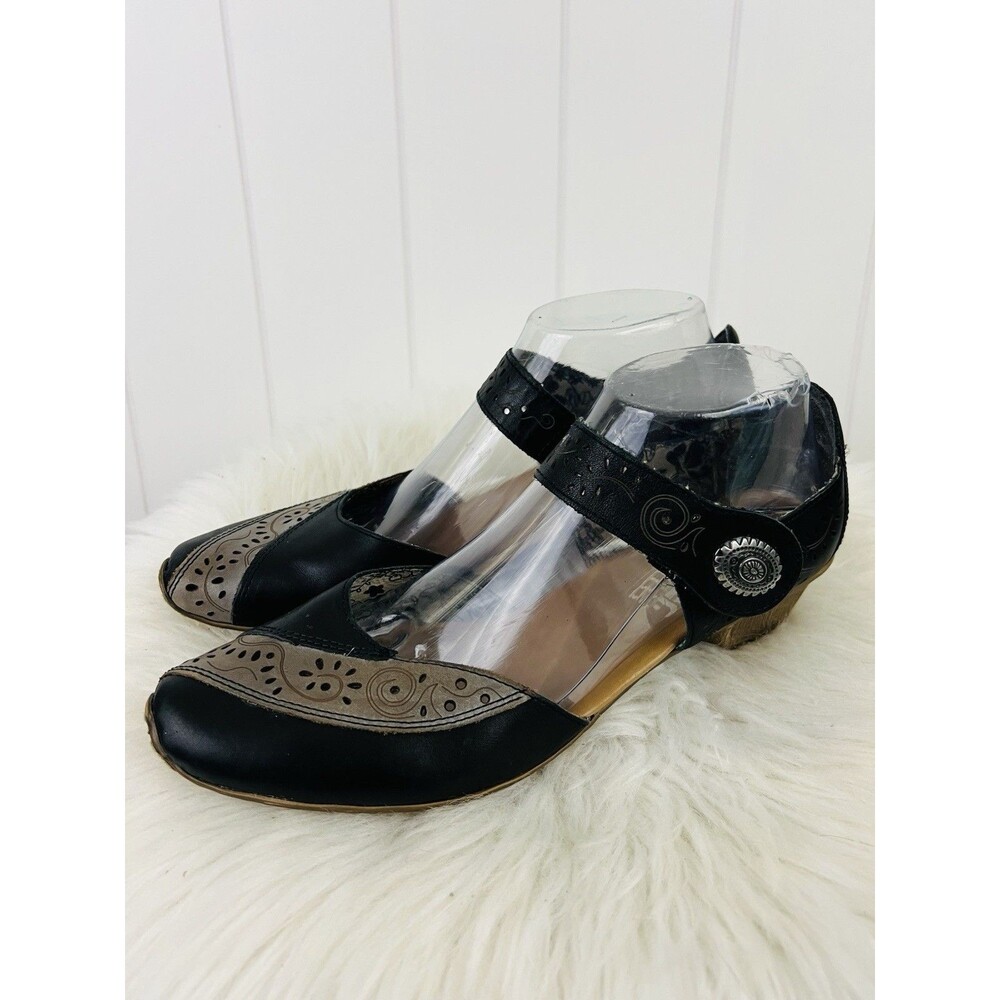 Rieker Mirjam 53 Black Leather Laser Cut Floral Mary Jane Heels Size EU40 US9